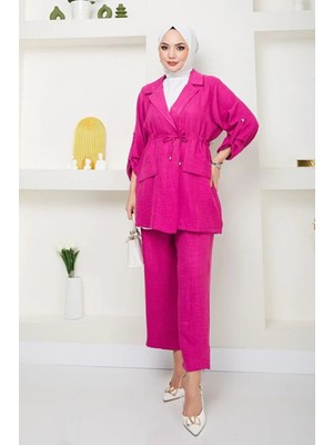 Tesettür Diyarı Beli Bağlamalı Ceket ve Pantolon Yazlık Keten Takım- Pembe