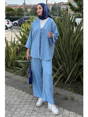 Tesettür Diyarı Rahat Kesim Sofya Keten Kimono Takım-Mavi
