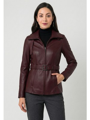 Felix Hardy Kadın Bordo Kemerli-Deri Ceket - Bordo