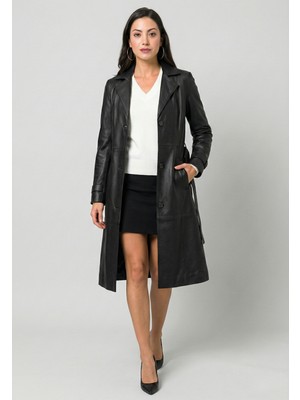 Felix Hardy Kadın Klasik Kemer Detaylı Deri Ceket - Siyah