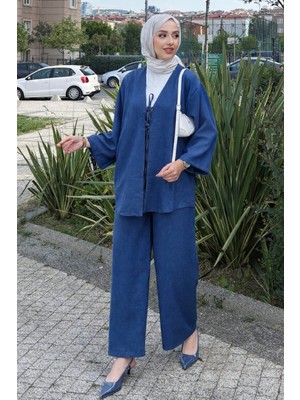 Tesettür Diyarı Rahat Kesim Sofya Keten Kimono Takım-Indigo