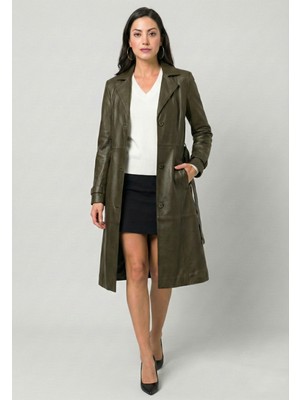 Felix Hardy Kadın Klasik Kemer Detaylı Deri Ceket - Yeşil