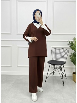 Foremia Beyaz Yaka Kol Garnili Takım-Kahve