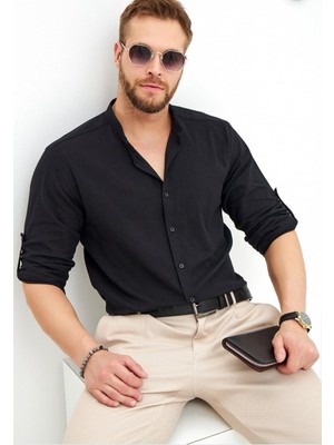 COLVİ'S MAN Erkek Siyah Keten Slim Fit Hakim Yaka Kol Katlamalı Gömlek