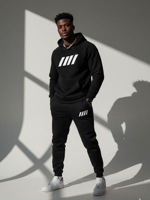 Trendseninle Tam Siyah 4yatay Çizgi Baskılı Kapüşonlu Alt Üst Eşofman Takımı