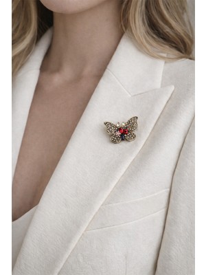 Modex Altın Sarısı Renki Taşlı Çiçek Detay Kelebek Broş (4cm)