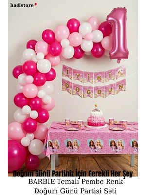Barbie Temalı Pembe Doğum Günü Partisi Seti Balon Zinciri Rakam Folyo Masa Süsü Kız Çocuk Set