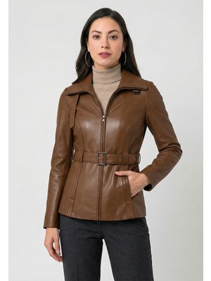 Felix Hardy Kadın Kestane Kemerli-Deri Ceket - Kestane