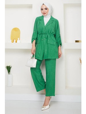 Tesettür Diyarı Beli Bağlamalı Ceket ve Pantolon Yazlık Keten Takım- Yeşil
