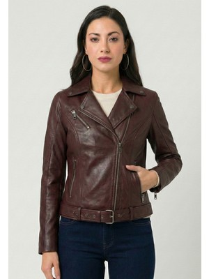 Felix Hardy Kadın Slim Fit Çapraz Fermuarlı Deri Ceket - Bordo