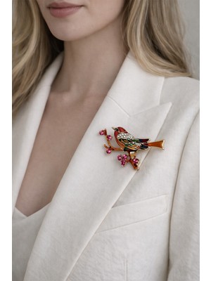 Modex Taşlı Çiçek Tasarımlı Renkli Kuş Broş (6cm)