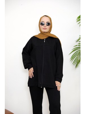 Foremia Kapşonlu Fermuar Detay Hırka-Siyah