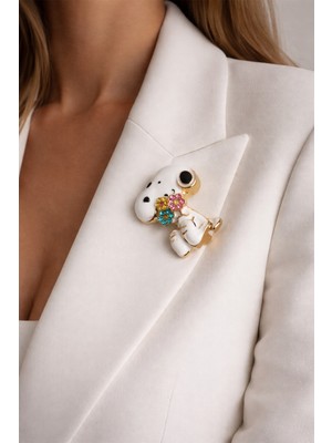 Modex Taşlı Çiçek Detay Sevimli Snoopy Köpek Broş (3cm)