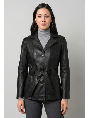 Felix Hardy Kadın Klasik Kemer Detaylı Deri Ceket - Siyah