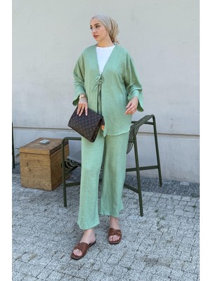 Tesettür Diyarı Rahat Kesim Sofya Keten Kimono Takım-Turkuaz