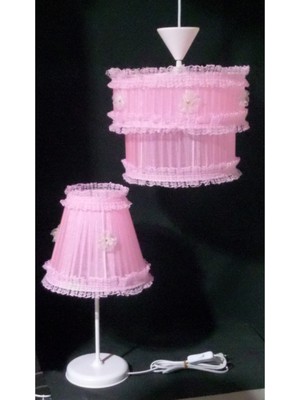 Normadia Pembe Fırfırlı Kız Çocuk Odası Avize ve Abajur Seti