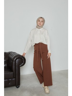 Foremia Kadın Beli Lastikli Bağlama Detaylı Geniş Paça Tesettür Pantolon-Kahve