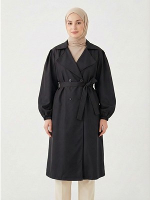 Foremia Düğmeli Kruveze Uzun Trenç-Siyah