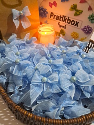 Pratikbox Keten Büyük Boy Fiyonk / 2,5 Cm'lik / Hediyelik / Süsleme /mavi Renk/yarım Inci / 50 Adet