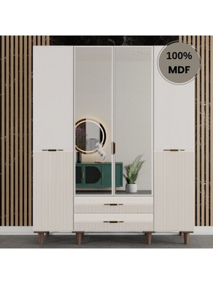 Flances Defne Ayaklı Tasarım Aynalı 4 Kapak Mdf Gardırop