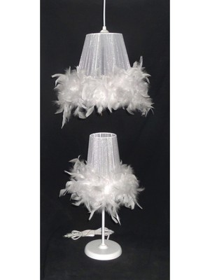 Normadia Çocuk Odası Beyaz Tüylü Avize Abajur Seti, Şık ve Sade Tasarım