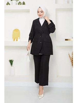 Tesettür Diyarı Beli Bağlamalı Ceket ve Pantolon Yazlık Keten Takım- Siyah