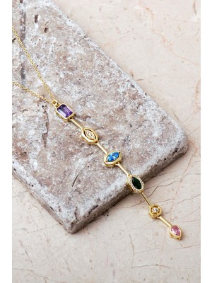 Sümer Telkari Geometrik Renkli Taşlı 925 Ayar Gümüş Kolye 8103