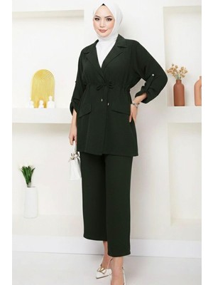 Tesettür Diyarı Beli Bağlamalı Ceket ve Pantolon Yazlık Keten Takım- Haki