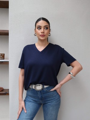 Esra Helvacı Lacivert V Yaka Düz Orj Tshirt