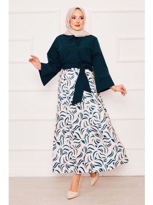 Asm Gömleği Kendinden Kuşaklı Geniş Kol Etekli Takım Petrol