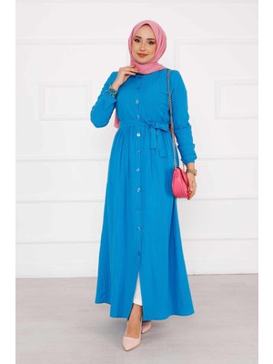Asm Boydan Düğmeli Kolu Lastikli Elbise İndigo