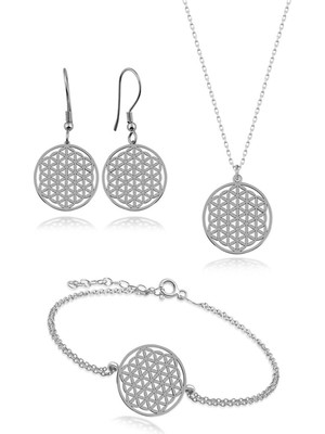 925 Ayar Gümüş Yaşam Çiçeği Kolye Küpe Bileklik Seti