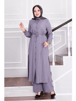 Asm Belden Bağlamalı Pantolonlu Tesettür Takım Gri