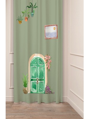 Greendecor Vazo Yaprak Minimalist Bohem Desenli Özel Tasarım Dijital Baskılı (Tek Kanat) Sade Tarz Fon Perde