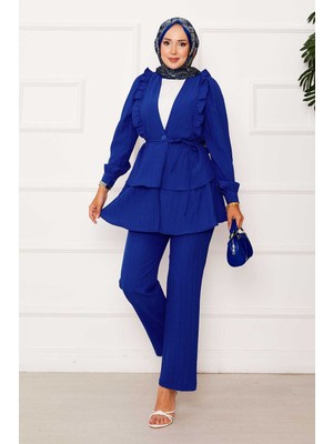 Md Eteği Volanlı Fırfır Detaylı İkili Takım Saks