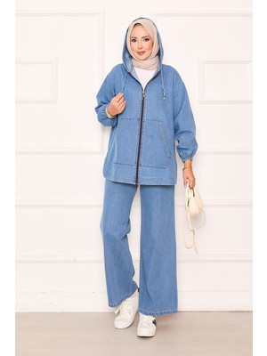 Md Fermuarlı Kanguru Cep Detaylı Kapüşonlu Kot Takım Mavi