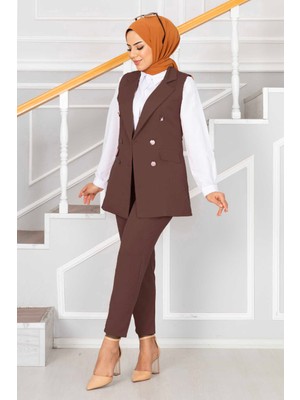 HP Mendil Yaka Detaylı Tesettür Yelek Takım Kahve