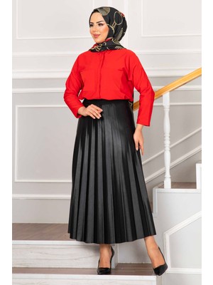 MDS Beli Lastikli Piliseli Tesettür Etek Siyah