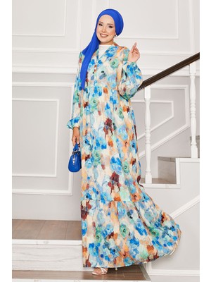 Mlk Yarım Düğmeli Çiçek Desenli Modal Elbise Mavi