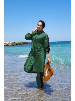 DF Boydan Fermuarlı Garnili Tesettür Mayo Zümrüt