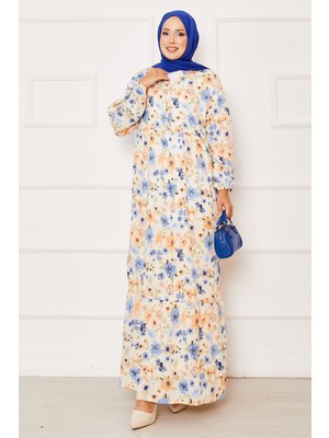 Mlk Yarım Düğme Detaylı Çiçek Desenli Elbise İndigo