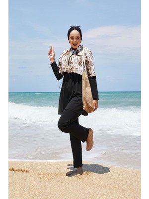 Md Yarım Fermuarlı Palmiye Desen Tesettür Mayo Kahve