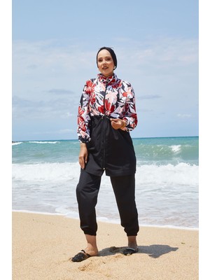 Md Beli Büzgülü Çiçek Desen Tesettür Mayo Kırmızı