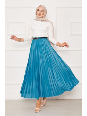 Cvn Piliseli Beli Lastikli Etek Turkuaz