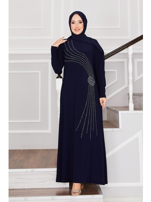 Nz Taş Detaylı Sandy Tesettür Elbise Lacivert