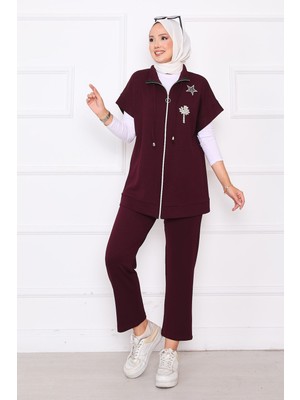 Md Taş İşlemeli Fermuarlı Yelek Takım Bordo