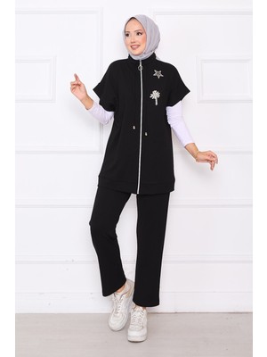 Md Taş İşlemeli Fermuarlı Yelek Takım Siyah