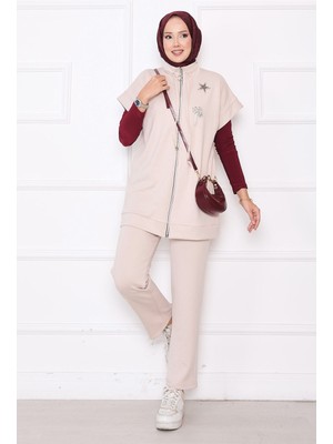 Md Taş İşlemeli Fermuarlı Yelek Takım Taş