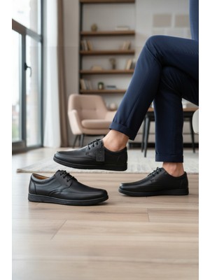 Enoch Hakiki Deri Siyah Ortopedik Bağcıklı Erkek Klasik Baba Ayakkabı