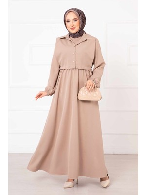 Md Bolerolu Tesettür Elbise Takım Vizon